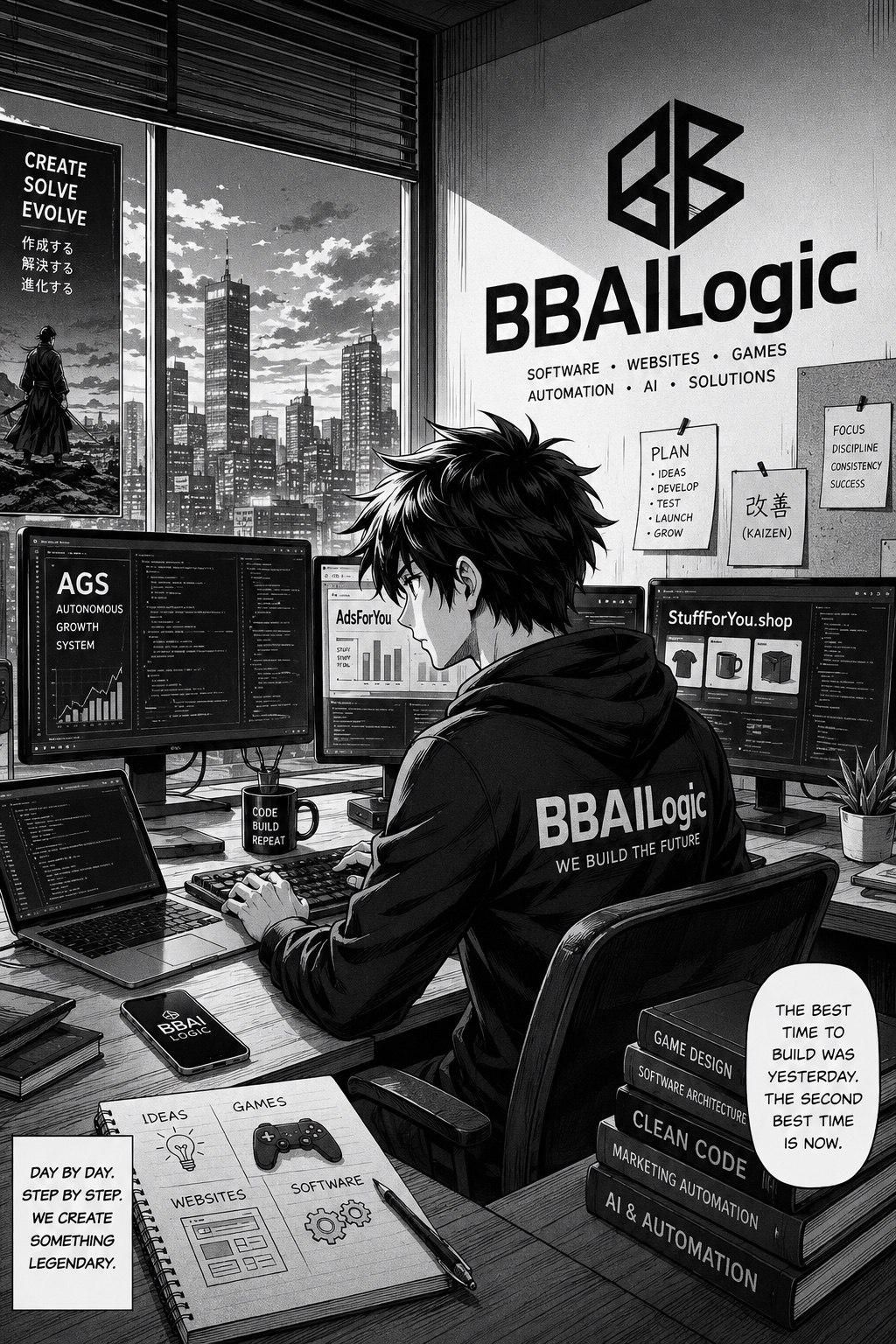 BBAILogic programozói műhely fekete-fehér manga stílusban: fejlesztő a monitorok előtt, a háttérben városi látkép.
